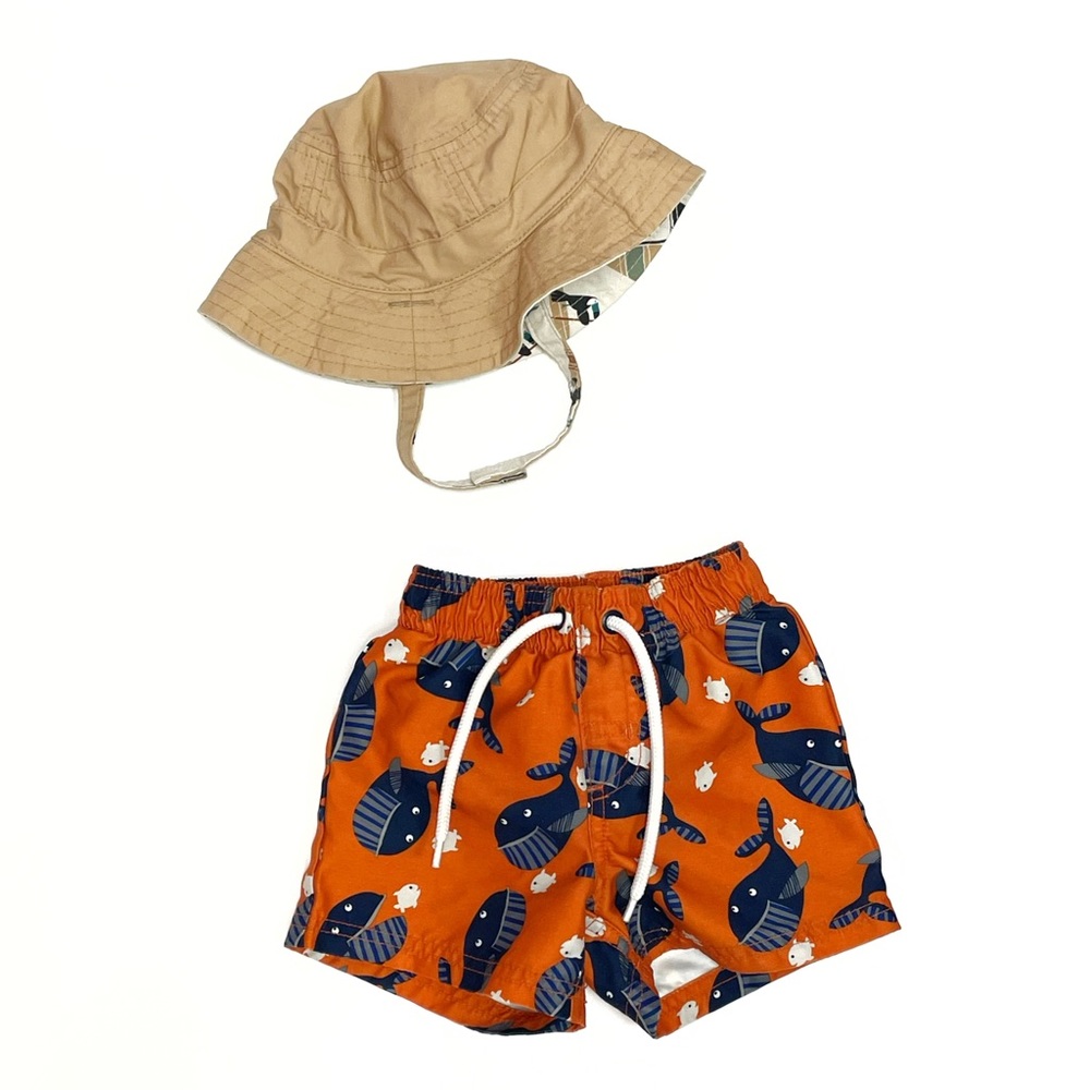Gymboree • swim bundle • whale swim shorts Carter’s reversible sun hat • 6-9 mo
